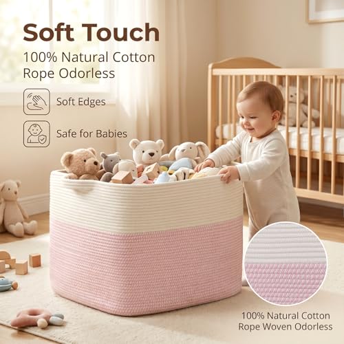 OIASKET 108L Cotton Rope Storage Basket for Living Room and Bedroom 25"x16"x16" Woven Laundry Basket, Heavy Duty Bin for Blankets, Pillows & Toys, Pet-Safe & Scratch-Free, Pink and White - color: Pink & White