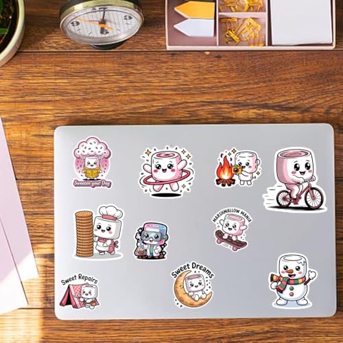Podagree 60Pcs Marshmallow Sticker Cute Food Decal Funny Cartoon Sweet | Marshmallow Stickers with Cute Food Characters for Sweet Lovers, Laptop, Water Bottle, Journal and Notebook Use - color: Marshmallow, size: 3in