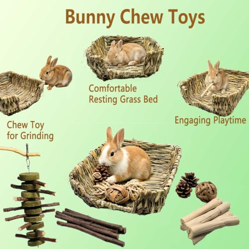 Bunny Grass Bed Mat 22Pcs Rabbit Chew Toys Set Hand-Made Woven Hay Mat | Wood&Bamboo Sticks and Timothy Grass Cake&Ball,Small Animals Teeth Grinding Chew Treat Toy for Guinea Pig - size: 22pcs