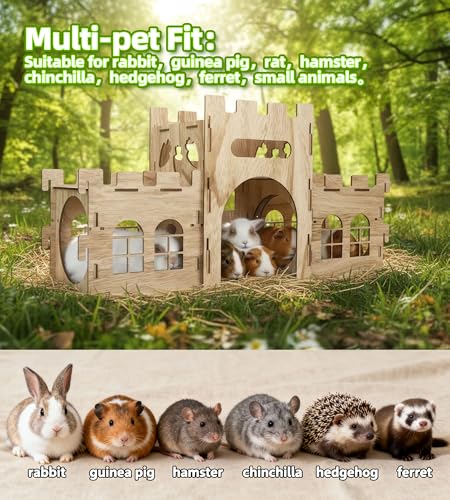 HIIMALEX Large Bunny Castle Sturdy House for Rabbits Ferrets Guinea Pigs | Wooden bunny hideout, split balcony, tunnel tower, ventilated habitat for rabbits, ferrets, guinea pigs, hamsters