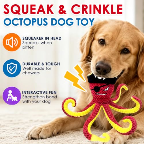 MAXBECK Interactive Octopus Dog Toy, Plush Dog Toy with Crinkle Paper & Squeaker, Tug of War Dog Toy for Small Medium Large Dogs, Soft Dog Chew Toy for Indoor Play, Puppy Training (I-Octopus-Red) - color: I-Octopus-Red