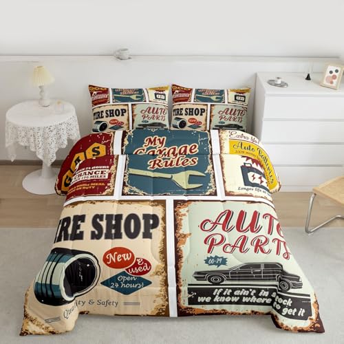 Vintage Car Signs Comforter Set For Boys, Automobile Pattern Down Comforter, Repair Vehicle Garage Bedding Set Twin Size For Kids Girls Teens, Classics Servicing Duvet Insert Bedroom Decor - color: Multi 67, size: Twin