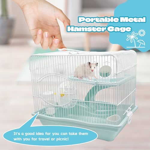 2-Tier Portable Hamster Cage and Habitats,Travel Metal Mouse Cages with Free Water Bottle,Houses and Exercise Wheel for Any Breed of Hamster and Small Animal (14.6x11.0x11.8inch Light Blue) - color: 【Light Blue】