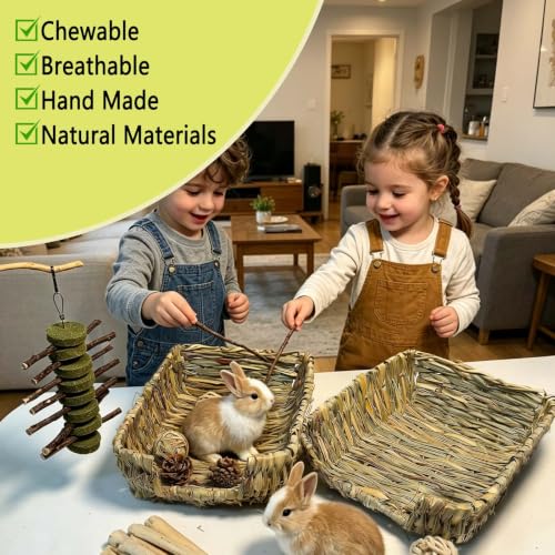 Bunny Grass Bed Mat 22Pcs Rabbit Chew Toys Set Hand-Made Woven Hay Mat | Wood&Bamboo Sticks and Timothy Grass Cake&Ball,Small Animals Teeth Grinding Chew Treat Toy for Guinea Pig - size: 22pcs