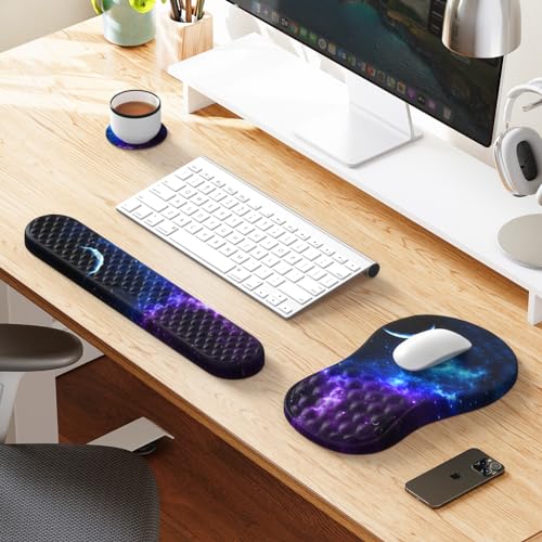 HAOCOO 3-Pcs Ergonomic Keyboard Wrist Rest Set with Mouse Pad | Ergonomic Wrist Support Set, Memory Foam Cushion, Smooth Tracking Surface, Massage Texture, Non-Slip Office Desk Accessory - color: Marble Blue
