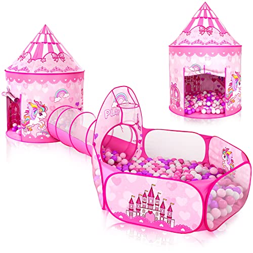 3pc Kids Play Tent for Girls with Ball Pit, Crawl Tunnel, Princess Tents for Toddlers, Baby Space World Playhouse Toys (3PC Princess Dream Tent) - style: 3PC Princess Dream Tent