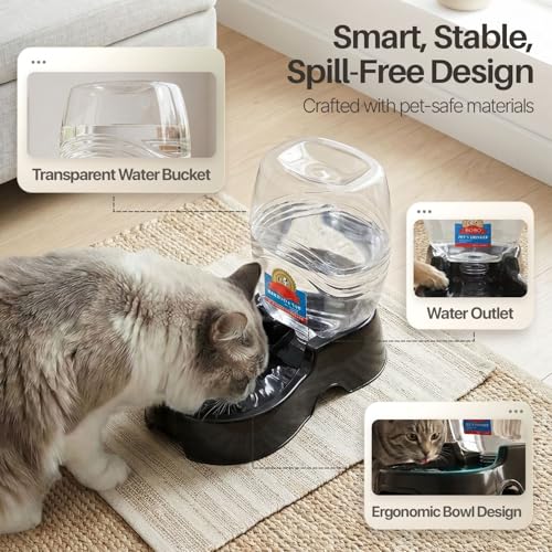 Flexzion Automatic Gravity Pet Waterer for Cat & Dog - Non-Skid & Easy-Clean Auto Replenish Water Dispenser Drinking Bowl (1/4 Gallon/ 900ml), Black