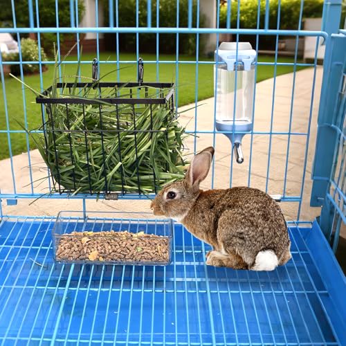 SANGLE SOPFFY Rabbit hay Feeder Small Animal Feeding Set with 350ml Water Bottle, Hay Rack, Pellet Dish for Guinea Pigs, Chinchillas, Bunny- Multifunctional Pellet Food Bowl Dispenser - color: black-3