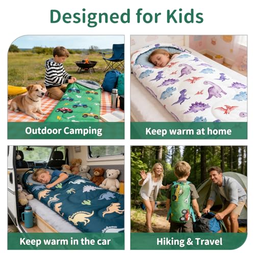 Kids Sleeping Bags - Camping Sleeping Bags with Carry Bag - Compact Sleeping Bag for Hiking, Backpacking 3 Season Warm & Cool Weather, Lightweight Waterproof Outdoor Travel for Boys Girls - color: Green Truck