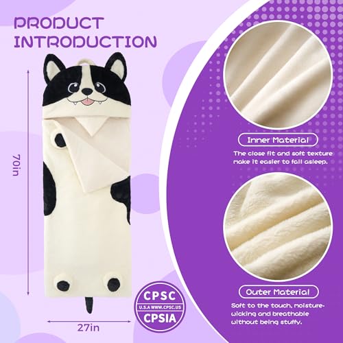 70" 4.2lbs Kids Sleeping Bag with Pillow Black Dog Toddler Nap Mat | Sleep Sack 2-in-1 Sleeping Mat& Blanket Washable Roll-Up w/ Handle For Daycare Kindergarten Thick Soft & Portable In Gift Box - color: Dog-White