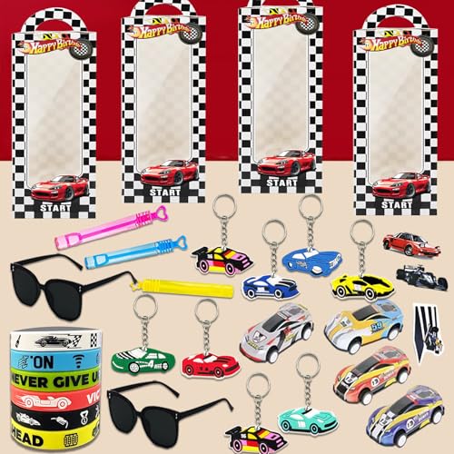 120PCS Race Car Party Favors, Race Car Birthday Decorations and Supplies | 120PCS race car party favors with bracelets, keychains, gift bags, glasses, stickers, bubble wands and mini cars. - style: Race Car