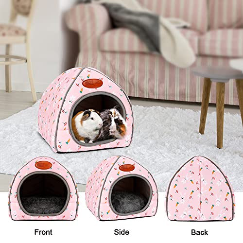 BWOGUE Guinea Pig Bed Large Hide-Out Cozy House Bed for Rabbits Ferret Chinchilla Bearded Dragon Winter Warm Cage Nest Hamster Accessories Cute Bunny and Carrot Pattern | Removable Cushion for Cleaning, Warm Fleece Nest, Washable Bed, 10.6 x 10.6x 11 in,