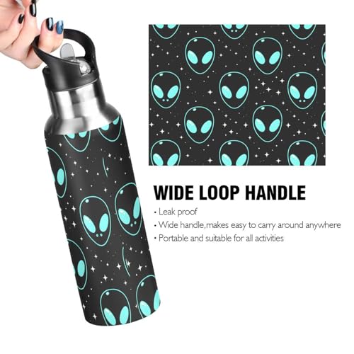 Blue Alien Water Bottle Kids Insulated Sports Vacuum Stainless Steel Mug with Straw Lid & Handle 20 oz - color: AB02