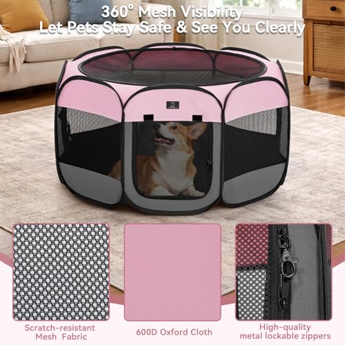 A 4 Pet 40.55-in Dog Playpen, Small Dogs & Puppies, Pink+Grey | Includes bowl, waterproof floor, pop-up design, home/travel/outdoor use - color: Pink+Grey, size: M(40.55"x40.55"x20.5")