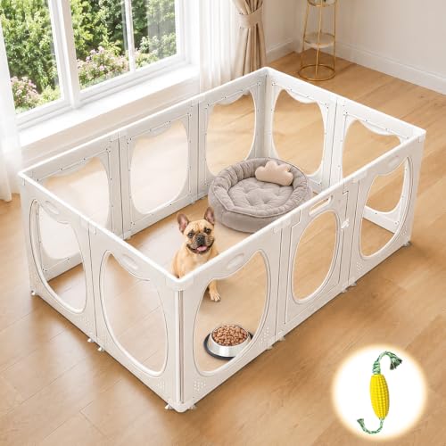 Clear Acrylic Dog Playpen Indoor with Toy & Door (24" H, 10 Panels, White) | Transparent Puppy Playpen for Dogs, Cats, Rabbits or Small Pets, Indoor Modern Dog Play Pen for Home, Easy Clean & Assemble