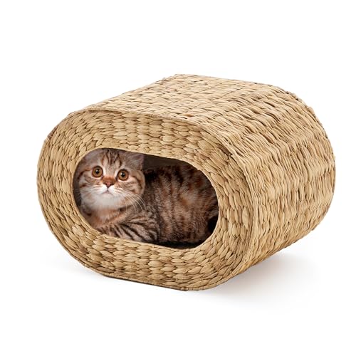 Cat House,Handwoven Cat Cave Pet Cube, Natural Cat Beds Indoor Kitten House with Double-Sided Soft Cushions, Pet Cat House for Multiple Cats, for Living Room Bedroom - color: Water Hyacinth