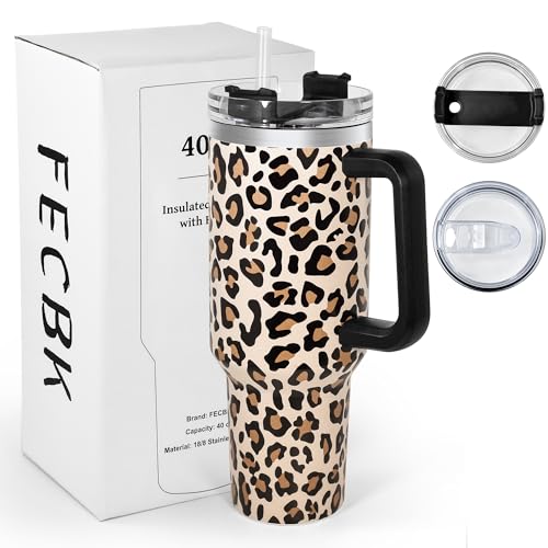 40 oz Tumbler with Handle and Straw, 100% Leak-Proof Travel Mug, Stainless Steel Double Wall Vacuum Insulated Coffee Cup Keeps Cold For 34 Hours, Cheetah - color: Cheetah