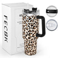 40 oz Tumbler with Handle and Straw, 100% Leak-Proof Travel Mug, Stainless Steel Double Wall Vacuum Insulated Coffee Cup Keeps Cold For 34 Hours, Cheetah - color: Cheetah
