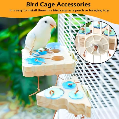 Small Pet Activity Set - 2pc Wooden Bird Foraging Toys and 3pc Sugar Glider Climbing Ropes for Cage Enrichment Green Blue Yellow