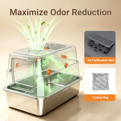 Enclosed Stainless Steel Litter Box, XL Covered MetalPan Includes Mat Scoop | Easy Cleaning Anti-Urine Leakage Non-Sticky Front Entry Top Exit - color: Grey