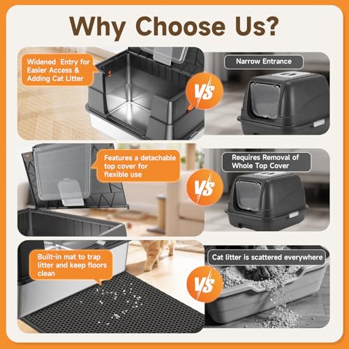 Stainless Steel Litter Box with Lid, High Sided Enclosed Metal Litter Box for Big Cats, Easy Cleaning Anti-Urine Leakage, Non-Sticky Cat Box, Front Entry Top Exit KittyBox, Includes Mat & Scoop