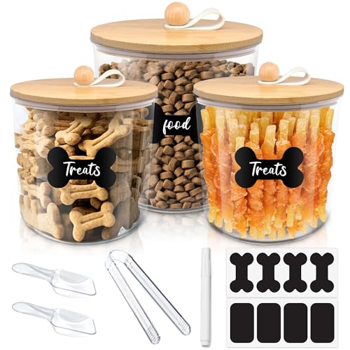 HOYTAMDAR 3 Pack Airtight Dog Treat Containers Bamboo Lids, Dog Treat Jars | Dog Food Storage Container with Scoops, Clamps, Labels and Marker, Dog & Cat Treat Holder - color: Wood - 3 Pack