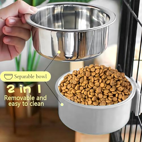 Hamiledyi 2-Pack Hanging Dog Bowls with Removable Stainless Steel Feeder - Spill-Proof Crate Bowls for Kennel/Cage, Puppy to Medium Dogs, Cats, Rabbits & Guinea Pigs (Durable Pet Food & Water Dishes) - color: C：Orange + Grey