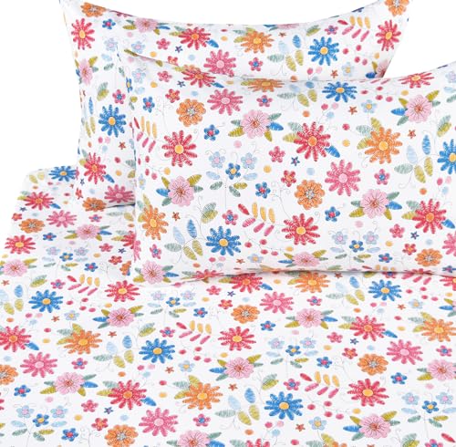 Scientific Sleep Kids Hand Sketch Flower Leaves Pastoral Garden Cute 100% Cotton 4 Pcs Full Bed Sheet Set Kids Toddler Teen, Flat Sheet & Fitted Sheet & Pillowcase Girls Bedding Set - color: Colorful Flower, size: Full