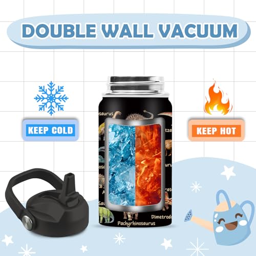 Dinosaur Water Bottle, Dinosaur Gifts, 12 oz Water Bottle with Straw | Stainless Steel Vacuum Insulated Bottle, Leakproof, Dinosaur Cup Gifts for for Boys - color: Dinosaur