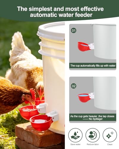 Chicken Waterer Cups (8 Pack) with 3/8" Drill Bit - Red | Automatic Poultry Drinker Feeder Kit for Chickens, Ducks, Turkeys, Quail, Bunnies | DIY Gravity Fed Bucket Water Dispenser - color: Red, size: 8 Pack + Drill bit