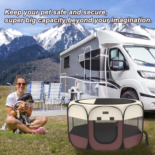 Portable Pet Playpen Puppy Pen Dog Tent Cat Playpen | 8-Panel Indoor/Outdoor Puppy Pen with Shade Cover & Travel Bag - Waterproof Dog Cat Tent - color: Brown, style: Small (29"x29"x17" with free bonus)