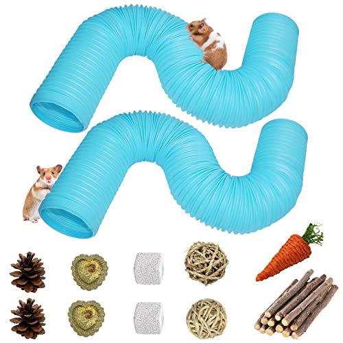 PINVNBY 2 PCS Hamster Tunnels,Plastic Ferret Tunnel,Guinea Pigs Tubes Hamsters Foldable Exercising Training Hideout Tube with 19 PCS Small Animals Toys for Mouse Gerbils Rats Mice(Blue) - color: 【Blue】