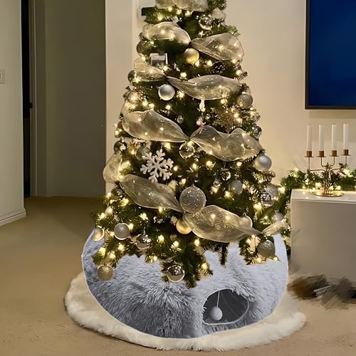 Indoor Cat Tunnel Bed with Central Mat, Under Christmas Tree Soft Fluffy Plush Collapsible Multi-Combinations Cat Donut Bed for Cats, Rabbits, Ferrets, Small Animalls(Gray) - color: Grey
