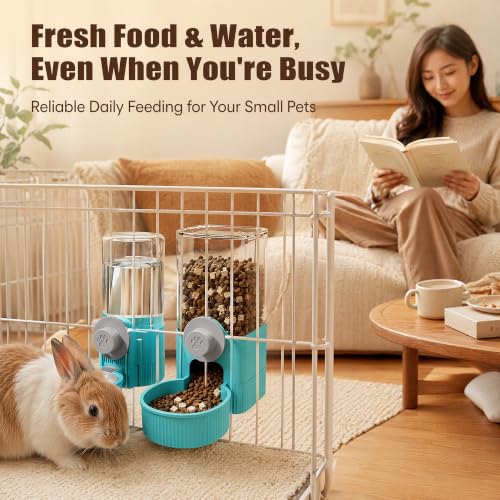 Automatic Rabbit Feeder and Water Dispenser Set,40oz Gravity Food Feeder&17oz Leak-Proof Water Bottle for Guinea Pigs,Hamsters,Chinchillas,Ferrets, Small Animals,Cage Mount Feeding Station Blue