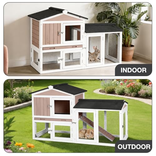 55'' Rabbit Hutch Indoor and Outdoor, Bunny Cage with Waterproof Roof and Deeper Leakproof Tray, Wooden Rabbit House with Anti-Chewing Ramp, Chicken Coops, Duck House (Brown) - color: Brown, size: 55.0"L x 21.3"W x 33.4"H