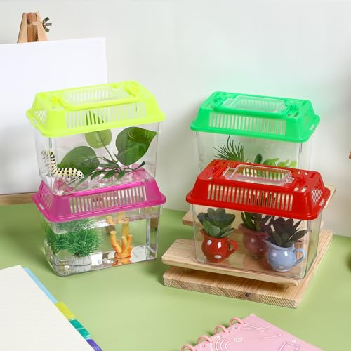 VANZACK 4 Pack Small Plastic Fish Tanks, Portable Terrariums with Lids | Clear Plastic Terrariums with Vented Lids and Handles, Critter Carrier for Small Fish, Turtles, Hamster, Snakes Aquarium