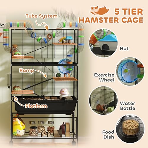 PawHut Large Hamster Cage with Deep Tray, 5 Tier for Syrian Gerbil Mouse | Rolling Rat Cage, Storage Shelf, Big Exercise Wheel, Tube System, Hut, Platforms, Ramps, Food Dish, Water Bottle - size: 32.3"L x 18.1"W x 59.1"H