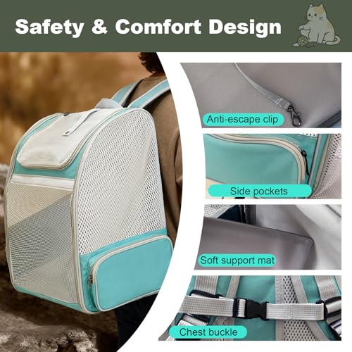 Backpack to Carry Cat and Small Puppy up to 16 Pounds, Breathable Pet Carrier to Transport Kitten Rabbit to Vet Visit Bag, Airline Approved Collapsible Expandable Black - color: Green