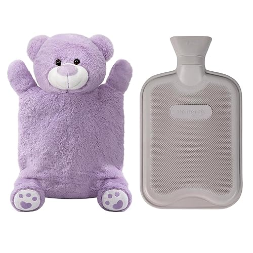 HomeTop Premium Classic Rubber Hot Water Bottle with Cute Bear Cover | Natural rubber hot water bottle,Long-lasting heat retention,Snuggly all-night warmth - color: Lavender Purple