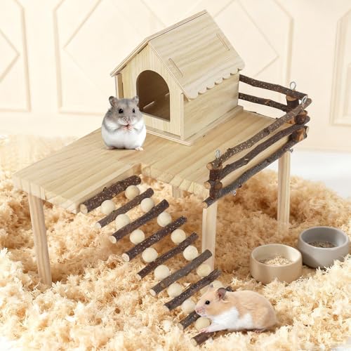 Wooden Hamster House and Platform, Hamsters Platform with Ladder, Hamster Cage Accessories, Cute Small Pets Toy for Hiding Sleeping Activities Habitat Decor