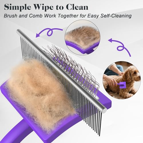 2PCS Slicker Brush for Dogs & Pet Comb,Professional Dog Grooming Brush (Goldendoodles,Poodles,Labradoodles) with Extra Long Pins to Effectively Remove Tangles, Knots and Mats (Purple, Large) - color: Purple, size: Large