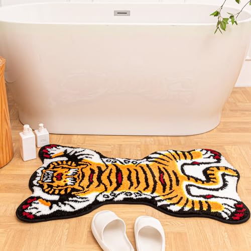 Tibetan Tiger Rug, Orange Tiger Bath Mat Fun Cute Animal Rug | 24 x 40 In, Soft Plush Pile, Non-Slip Backing, Washable, Irregular Shape, Bedroom and Living Room Floor Accent - color: Orange