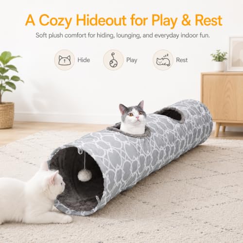 Geometric Straight Cat Tunnel with Plush Inside,Cats Toys Collapsible Tunnel Tube with Balls, for Rabbits, Kittens, Ferrets,Puppy, Diameter 9.8 Inch - size: Large Straight Tunnel