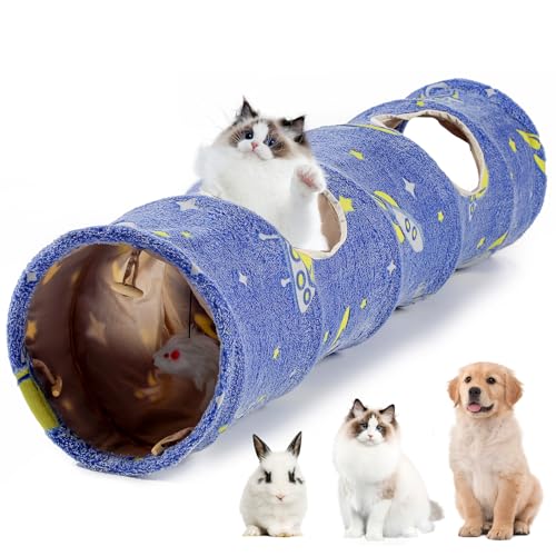 Glowing Astronaut Pattern Cat Tunnel - Collapsible with Plush Balls, Ideal for Indoor Cats, Rabbits, Kittens, Ferrets & Puppies (Blue) - color: BLUE