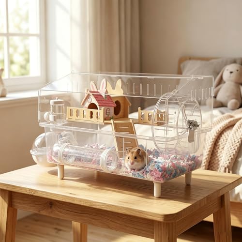 9-in-1 Acrylic Hamster Cage - Clear Pet Cage with 360° Transparent Viewing, Double Layer Chew-Proof Mice Enclosure with Crawling Tunnel for Dwarf Syrian Gerbils, 18 * 13 * 12in (Pink Cottage)