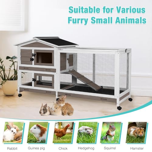 Suumerpety 62" Rabbit Hutch with Chew-Proof Ramp & Waterproof Roof - Indoor/Outdoor Bunny Cage, 2-Story Design, 6 Lockable Caster Wheels & Dual Pull-Out Trays (Brown) - color: (Brown)