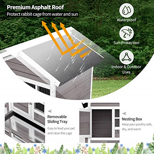 PETSITE Rabbit Hutch, 48.5" Wooden Chicken Coop with Roof & Tray, Bunny Cage Indoor Outdoor, Guinea Pig Pet House for Small Animals, Grey