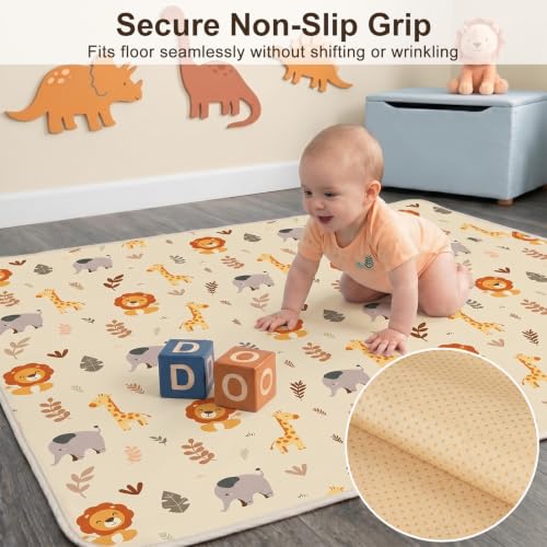 Basumee Splat Mat for Under High Chair, Waterproof & Mess-Proof Floor Mat | 46"×42" Baby Splash Mat, Non Slip Bottom, 4-Layer Fabric, Food & Liquid Catcher, Machine Wash for Boy Girl, Meals, BLW, Craft - color: Cream Animals, size: 46x42 Inches
