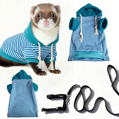 Small Pet Harness Vest and Leash Set Ferret Clothes Hoodies for Ferrets for Outdoor Walking Rabbit Ferret Guinea Pig Bunny Hamster Puppy Kitten (Blue and White Striped Clothes + Leash) - color: Blue and white striped clothes + leash