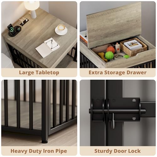 IRONCK Dog Crate Furniture for Small Dogs, Gray | Wooden Dog Kennel with Flip Top Drawer, Indoor Pet Crate End Table with Charging Station, Steel-Tube Dog Cage - color: Grey